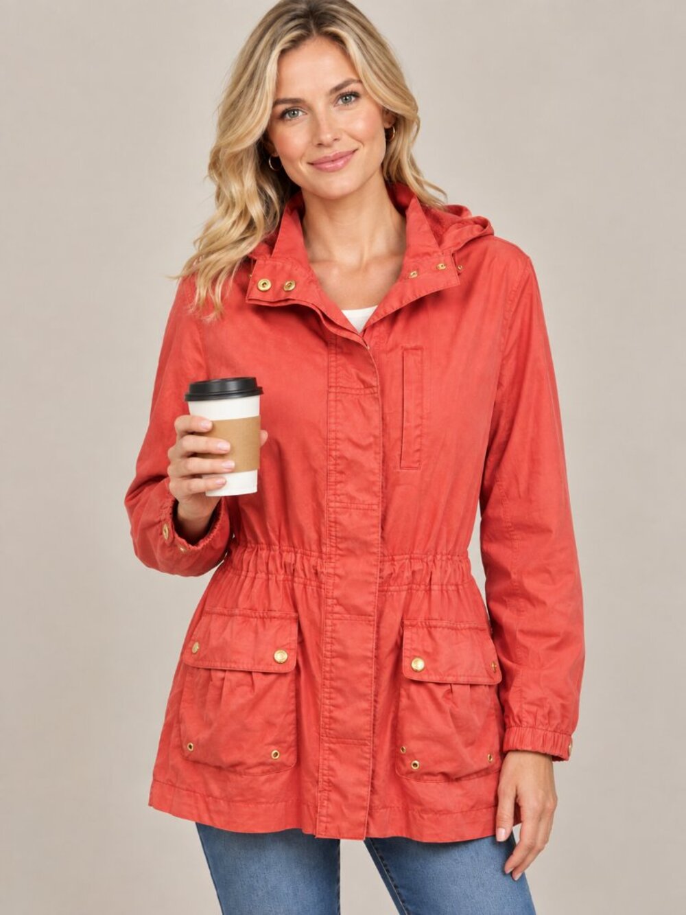 Jones New York Signature Jacket Womens L Coral Red Cotton Hooded Utility Field